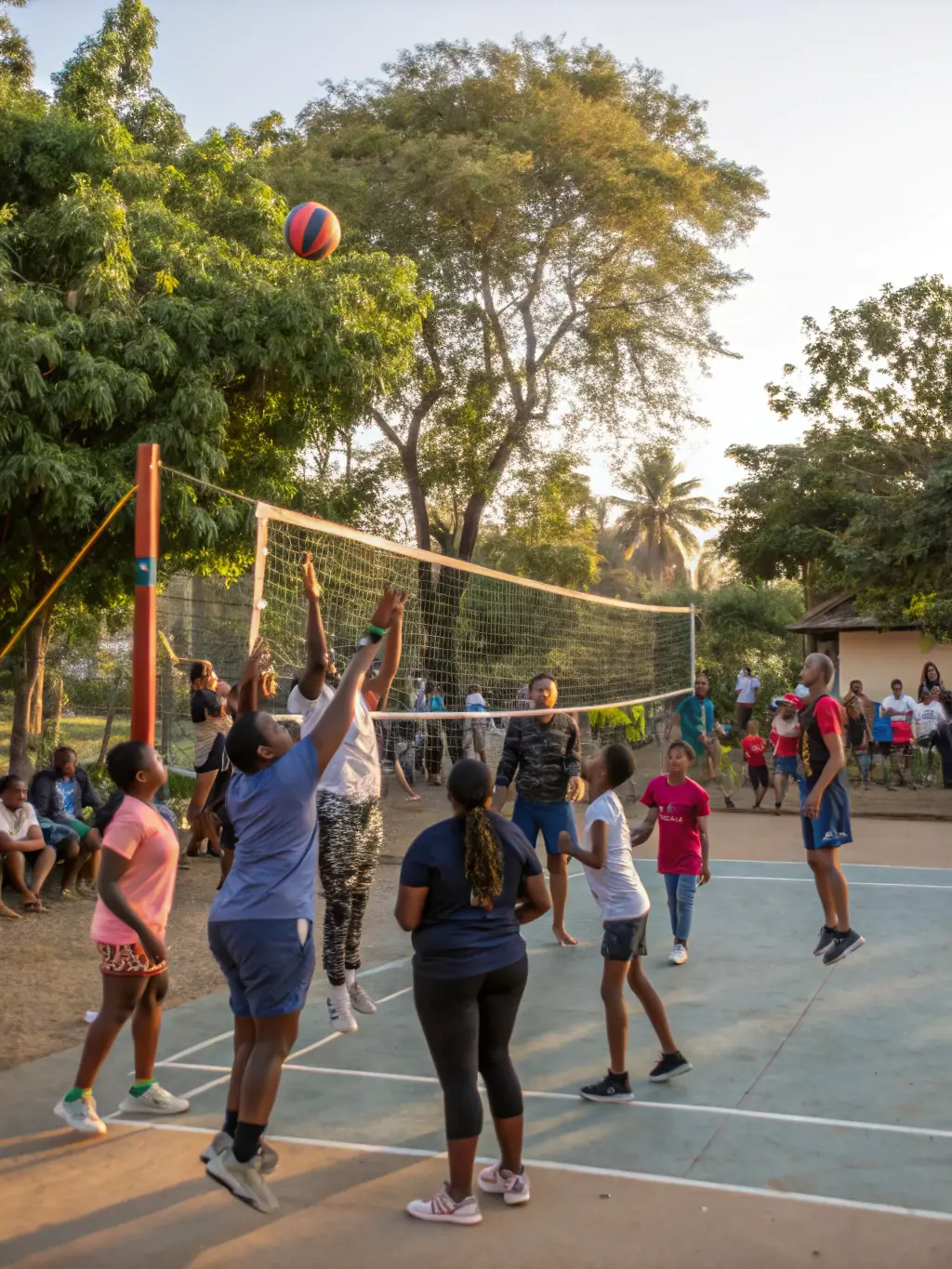 A vibrant image of a group of adults participating in a volleyball match at the UNION SPORTIVE LIGNANAISE, emphasizing fitness and social interaction.