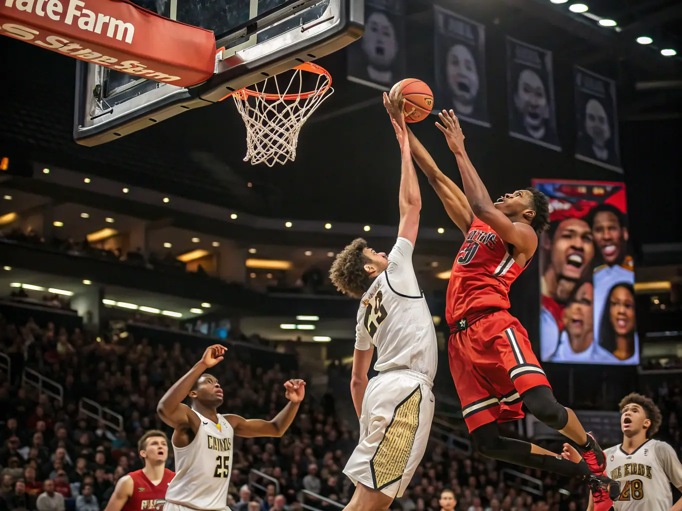 An energetic photo of a basketball game, highlighting the fast-paced action and the camaraderie among players as they compete on the court.