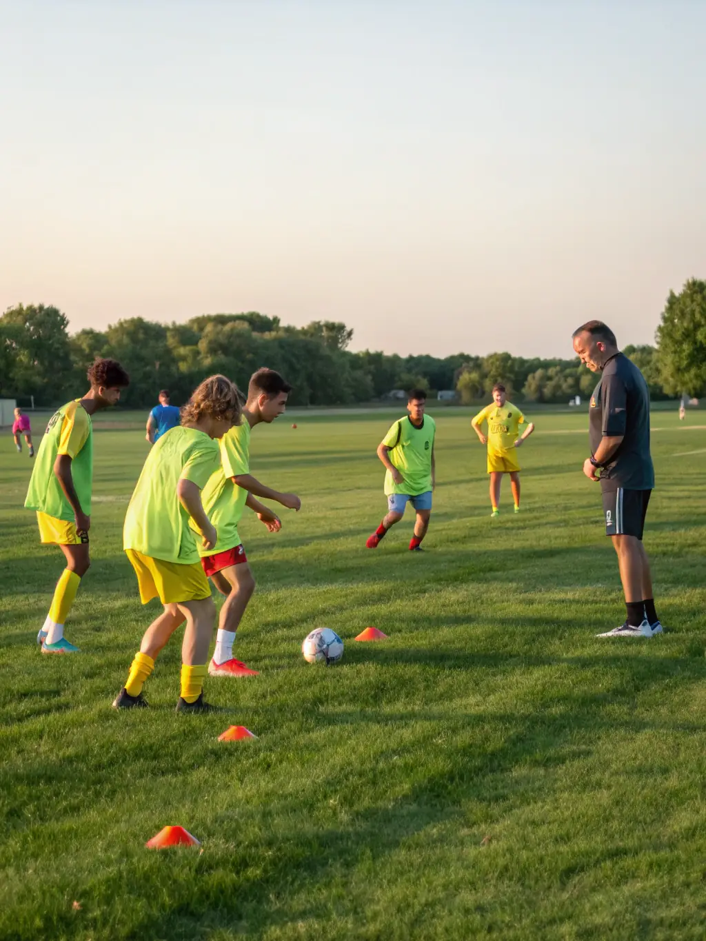 A dynamic action shot of a youth soccer team in UNION SPORTIVE LIGNANAISE uniforms practicing drills on a sunny field, showcasing teamwork and skill development.