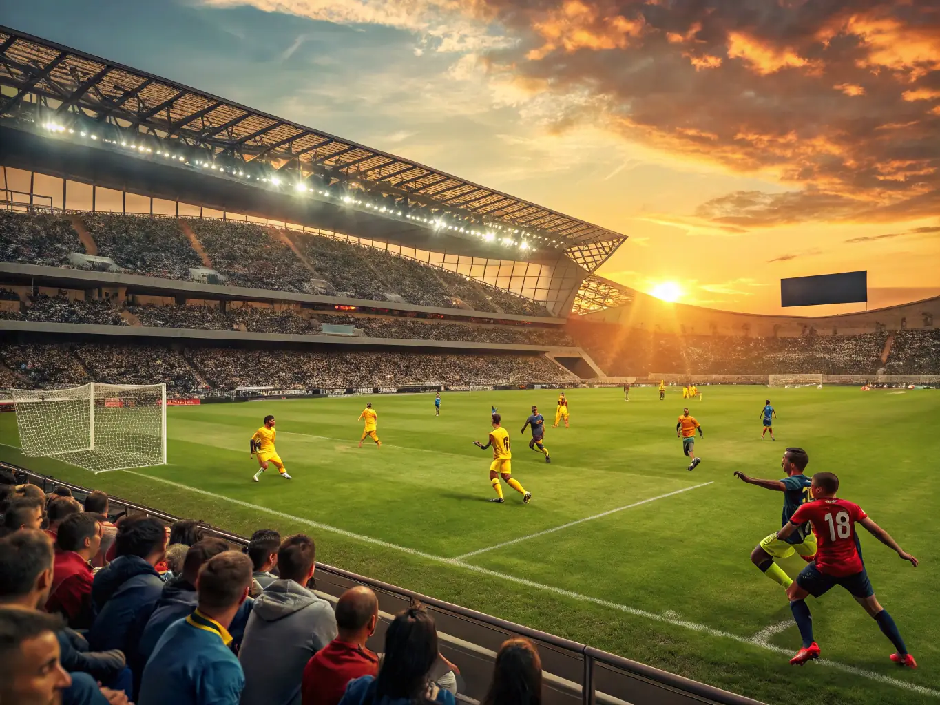 A dynamic image capturing a soccer match in progress, showcasing players of various ages and backgrounds actively participating and demonstrating teamwork and sportsmanship.