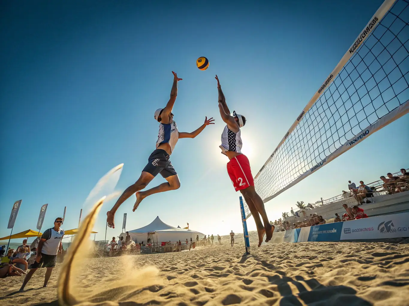 A lively image of a volleyball game, showing players diving, setting, and spiking the ball, emphasizing the teamwork and agility involved in the sport.