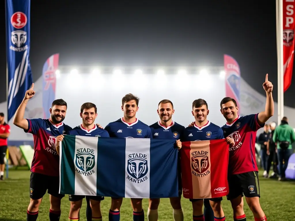 A photo of Elephantastics members proudly displaying Stade Nantais Rugby team merchandise and flags, demonstrating their unwavering support for the team.