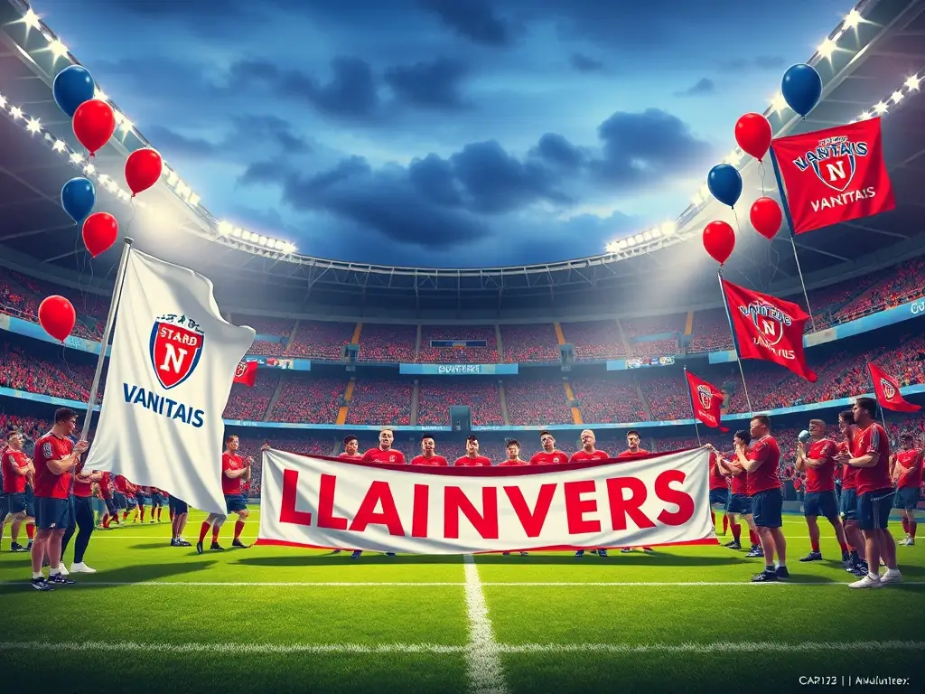 A group of Elephantastics volunteers organizing and setting up decorations for a Stade Nantais Rugby match day event, showcasing their commitment to creating a festive atmosphere.