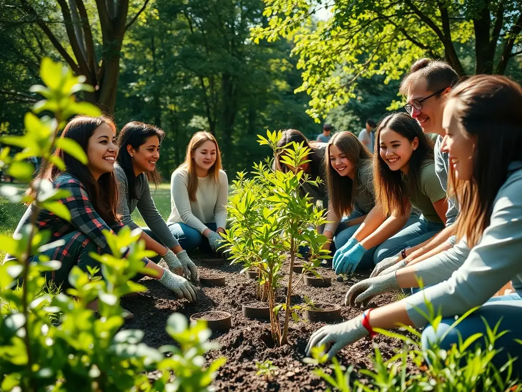 A vibrant photograph showcasing volunteers planting trees in Parc Saint Aldric, illustrating the hands-on environmental conservation efforts of ASA.