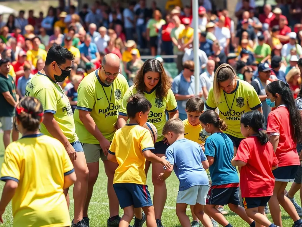 Elephantastics members participating in a community outreach program, teaching children the basics of rugby and promoting the values of teamwork and sportsmanship.